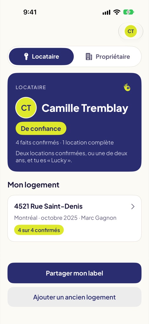 A renter's label in Lucky Loc: Trusted status, 4 confirmed facts